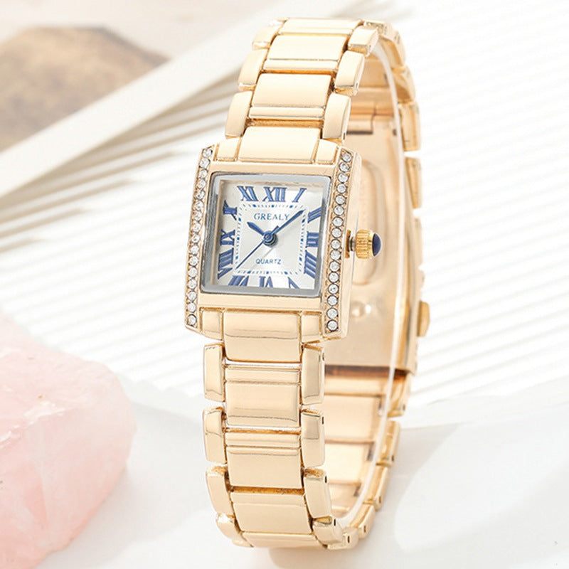 Fashionable Womens Watch Rectangular Timepiece With Roman Numerals And Diamond Accents