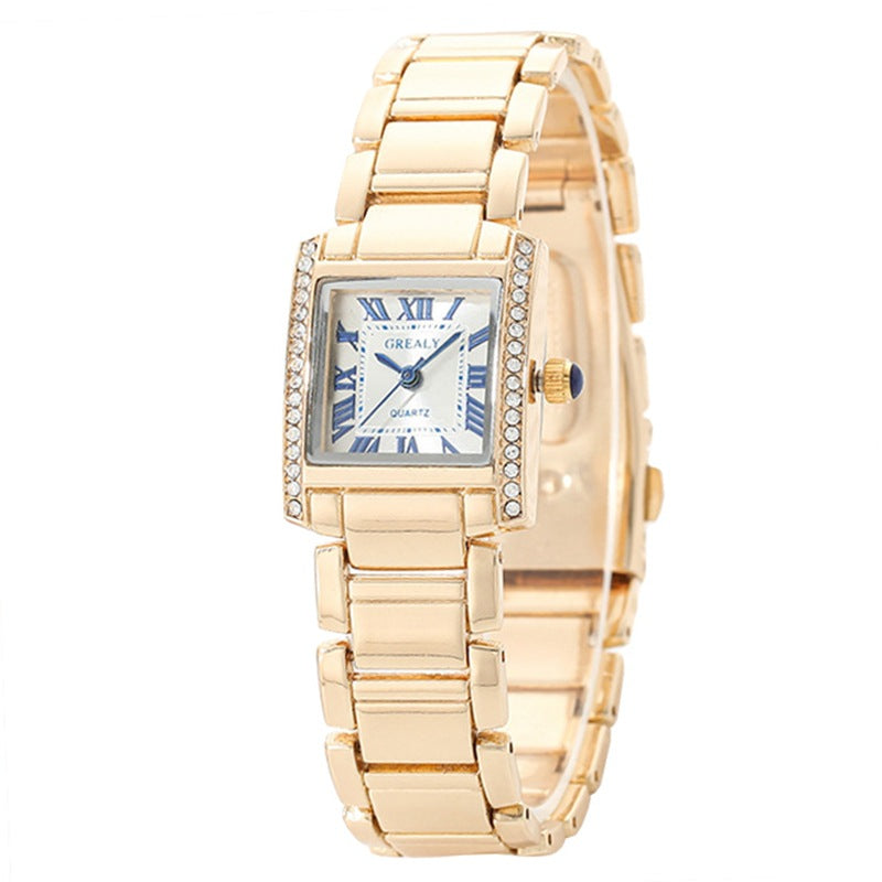 Fashionable Womens Watch Rectangular Timepiece With Roman Numerals And Diamond Accents