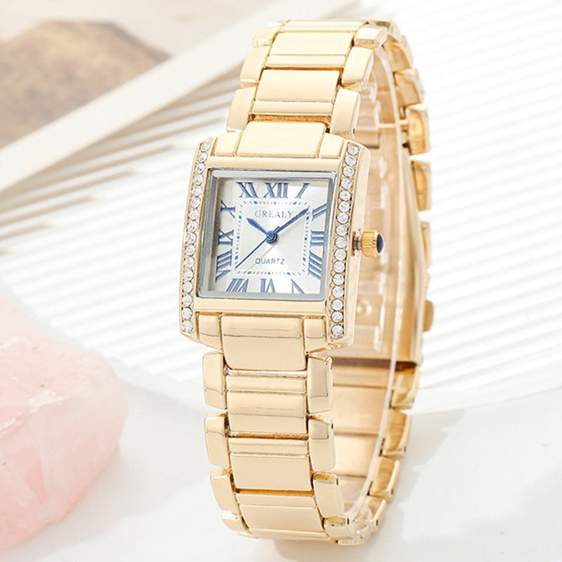 Fashionable Womens Watch Rectangular Timepiece With Roman Numerals And Diamond Accents