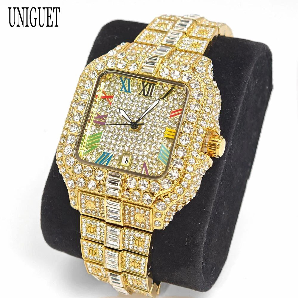 New Luxury UNIGUET Men's Fashion Diamond Watch Hip Hop Iced Bling Color Jewelry Square Quartz Wristwatches Stylish Men Accessory
