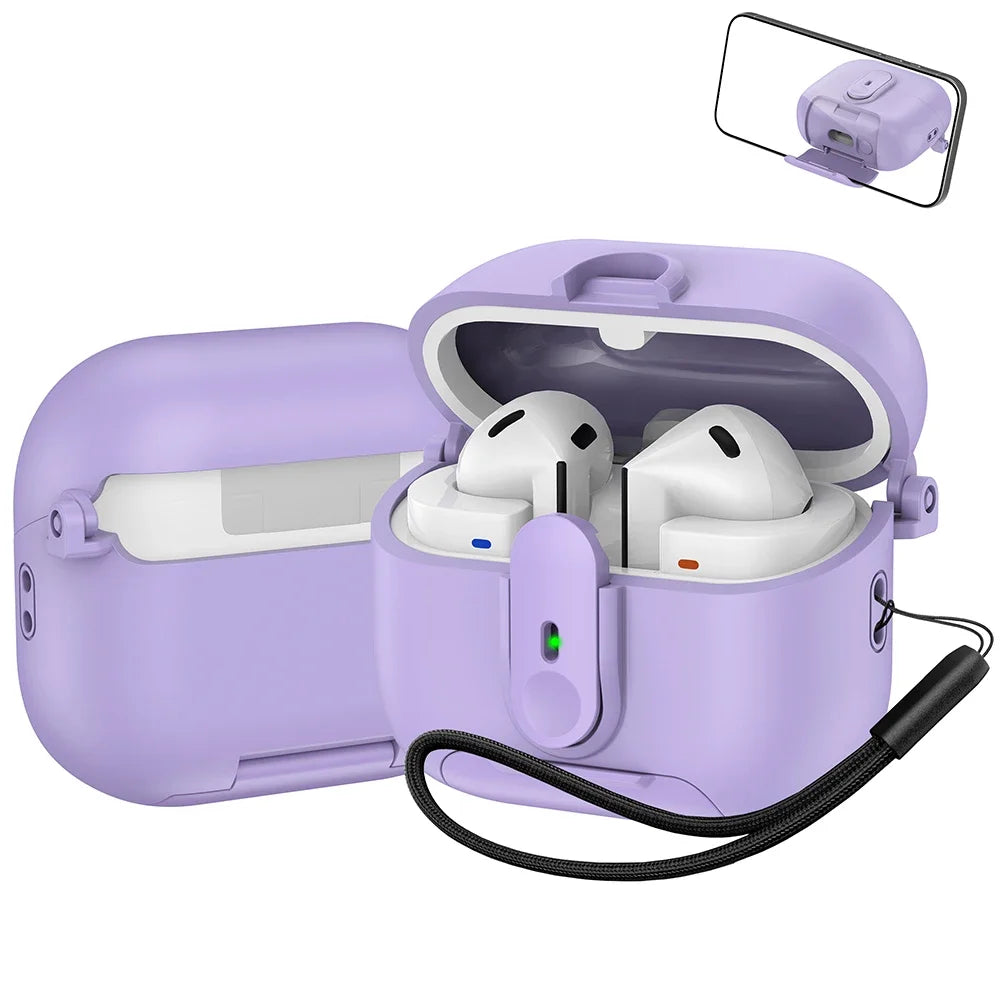 Security Lock Case For Samsung Galaxy Buds 3 Pro Buzz 3 Pro TPU Cover With Lanyard Phone Stand Shockproof Charging Box Coque