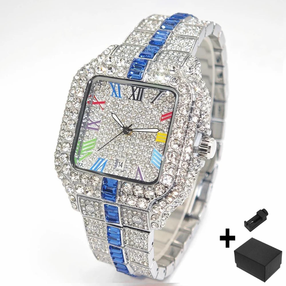 New Luxury UNIGUET Men's Fashion Diamond Watch Hip Hop Iced Bling Color Jewelry Square Quartz Wristwatches Stylish Men Accessory