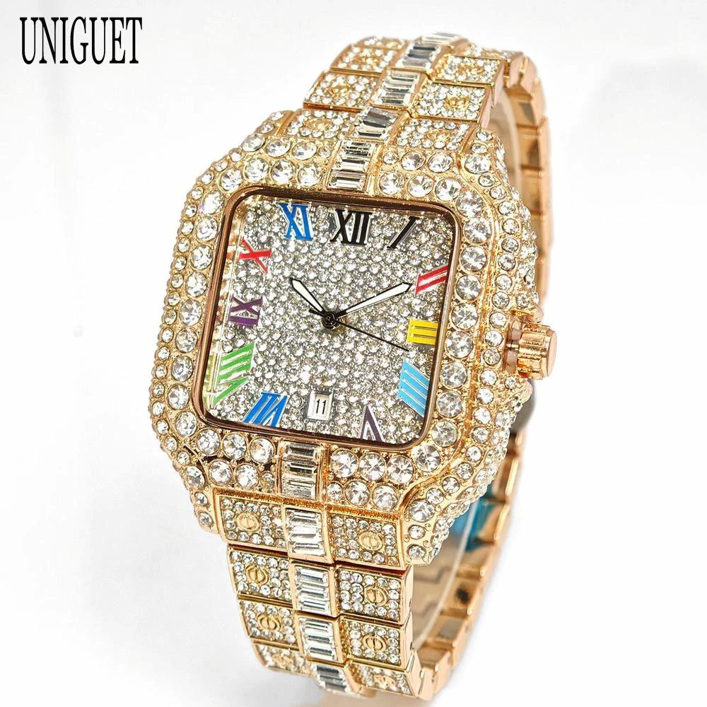 New Luxury UNIGUET Men's Fashion Diamond Watch Hip Hop Iced Bling Color Jewelry Square Quartz Wristwatches Stylish Men Accessory