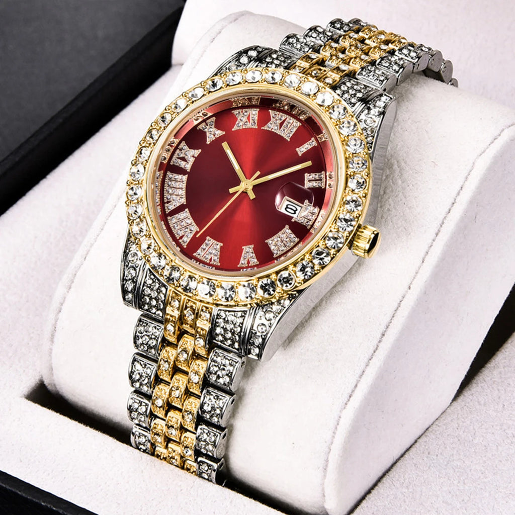 New Fashionable Full Diamond Men's Watch for Foreign Trade, Starry Sky Calendar, Quartz Interroom Gold Men's Steel Belt Watch