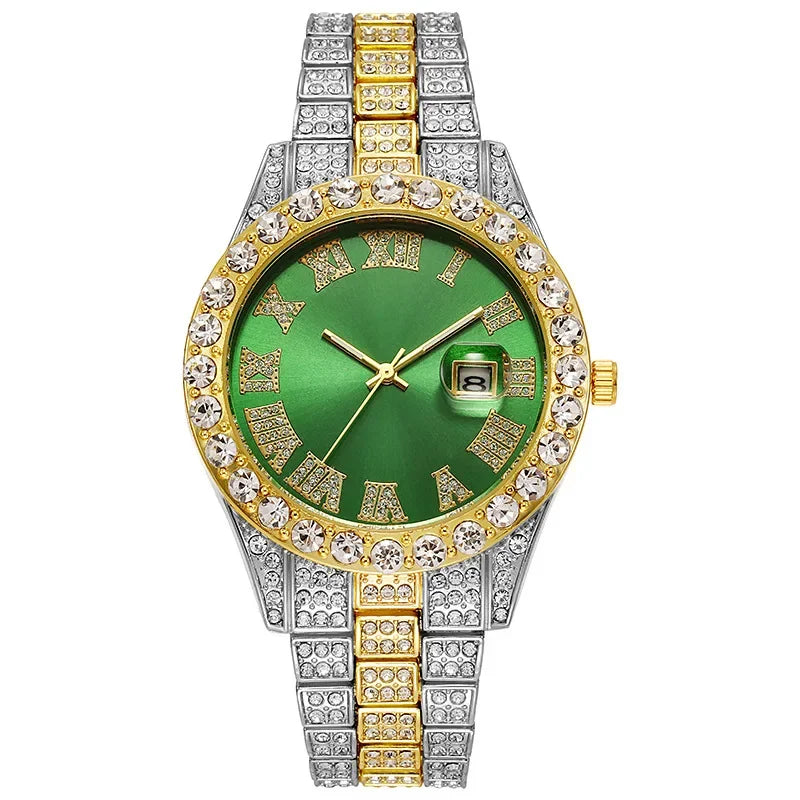 Hip Hop Watch for Men Iced Out Bling Full Diamond Luxury Quartz Watch Analog Roman Calendar Watch for Men Women