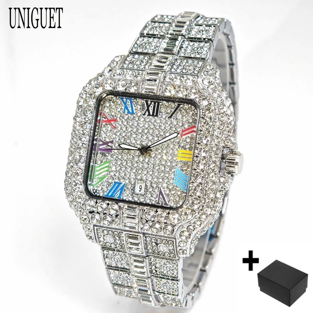 New Luxury UNIGUET Men's Fashion Diamond Watch Hip Hop Iced Bling Color Jewelry Square Quartz Wristwatches Stylish Men Accessory