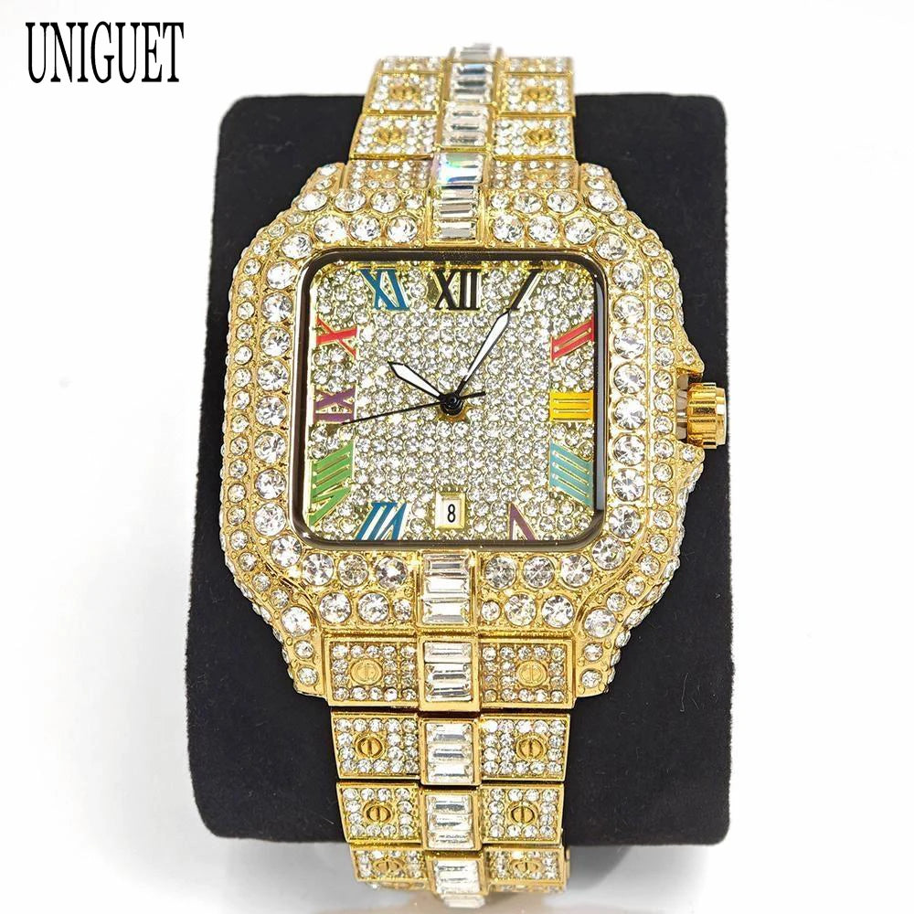 New Luxury UNIGUET Men's Fashion Diamond Watch Hip Hop Iced Bling Color Jewelry Square Quartz Wristwatches Stylish Men Accessory
