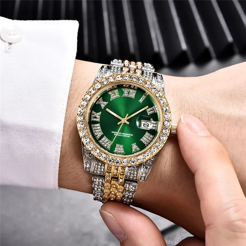 New Fashionable Full Diamond Men's Watch for Foreign Trade, Starry Sky Calendar, Quartz Interroom Gold Men's Steel Belt Watch