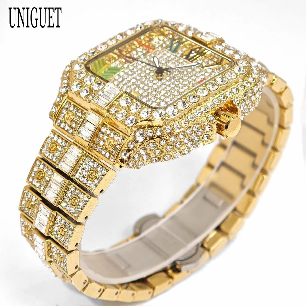 New Luxury UNIGUET Men's Fashion Diamond Watch Hip Hop Iced Bling Color Jewelry Square Quartz Wristwatches Stylish Men Accessory