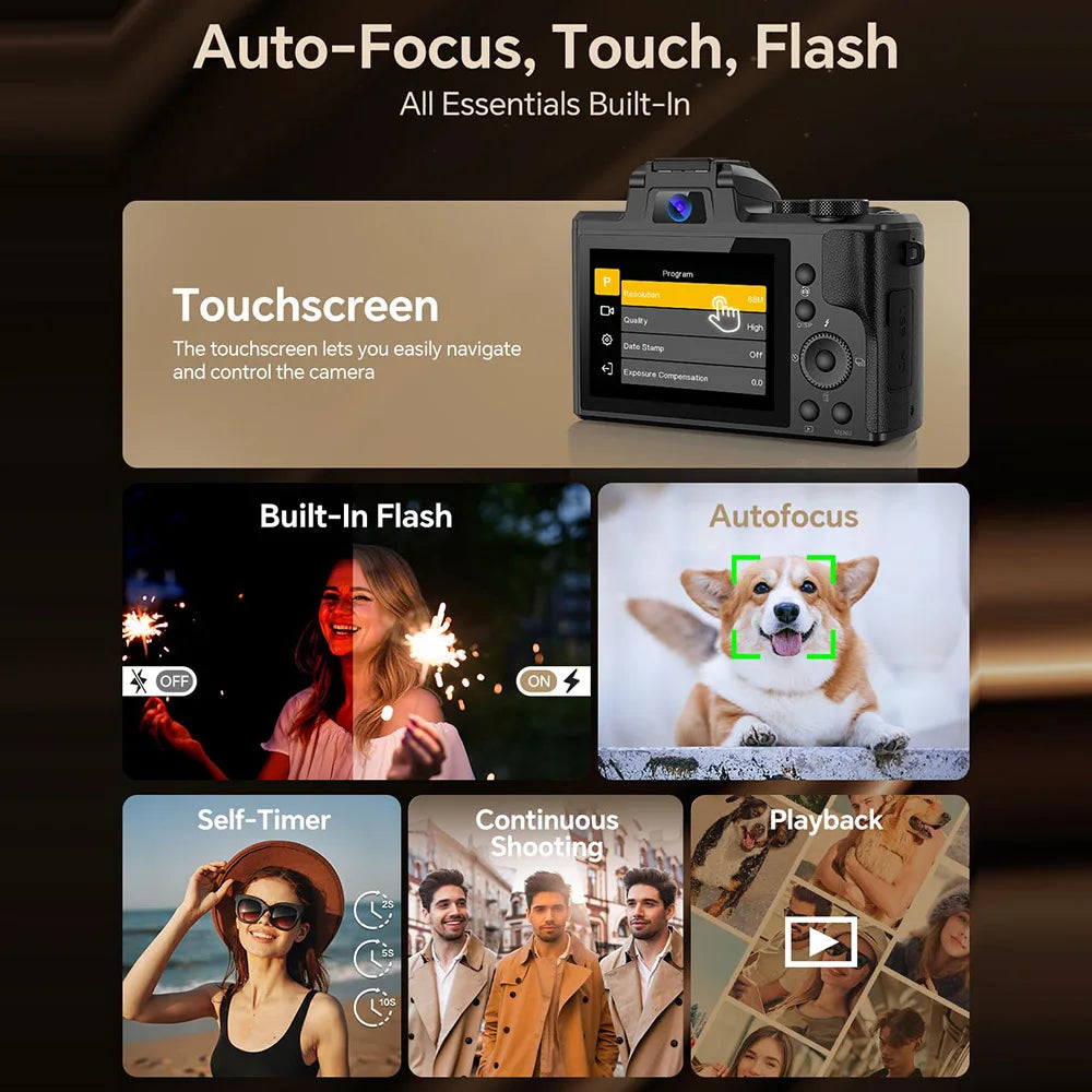 8K Digital Camera for Photography Autofocus WiFi 88MP Vlogging Camera with Dual-Lens 16X Digital Zoom Touch Screen Travel Camera