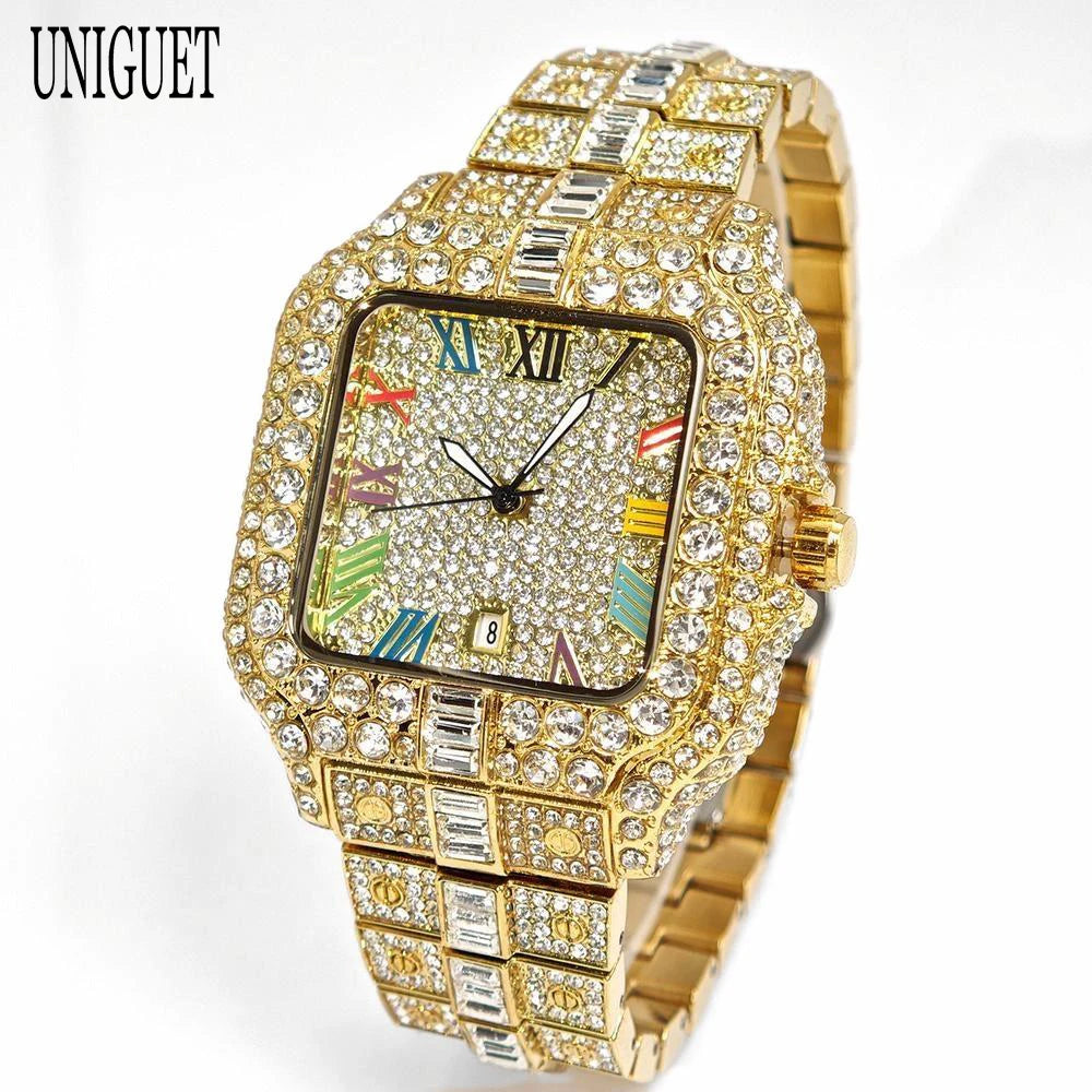 New Luxury UNIGUET Men's Fashion Diamond Watch Hip Hop Iced Bling Color Jewelry Square Quartz Wristwatches Stylish Men Accessory