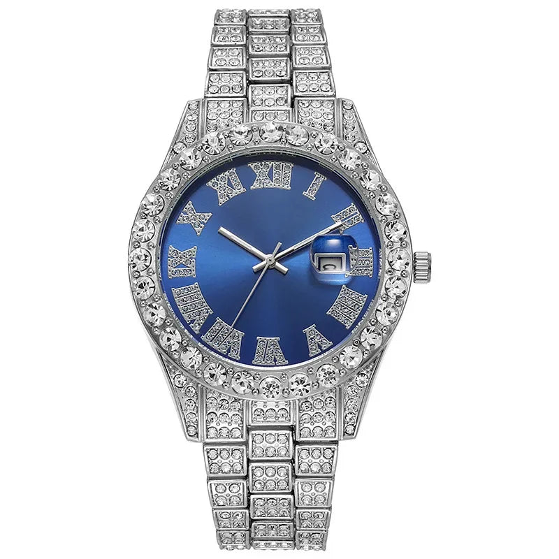 Hip Hop Watch for Men Iced Out Bling Full Diamond Luxury Quartz Watch Analog Roman Calendar Watch for Men Women