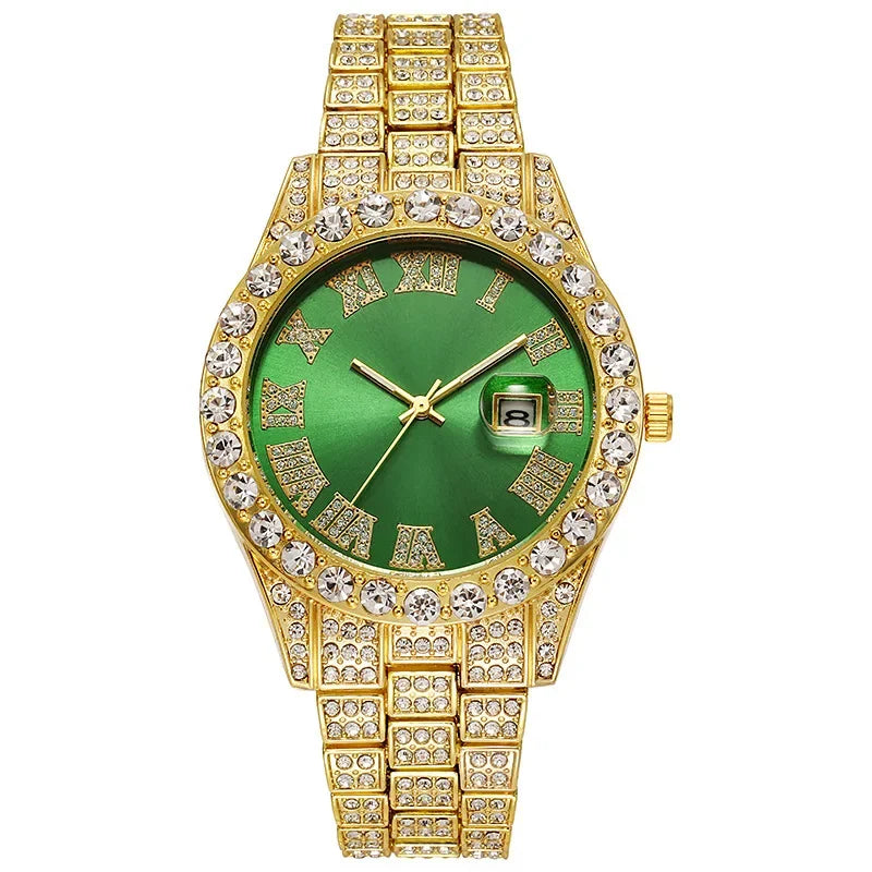 Hip Hop Watch for Men Iced Out Bling Full Diamond Luxury Quartz Watch Analog Roman Calendar Watch for Men Women