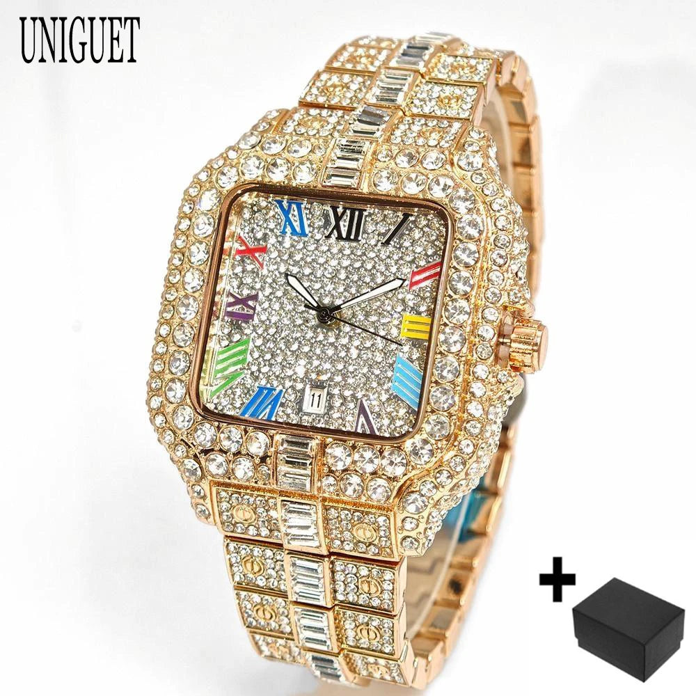 New Luxury UNIGUET Men's Fashion Diamond Watch Hip Hop Iced Bling Color Jewelry Square Quartz Wristwatches Stylish Men Accessory