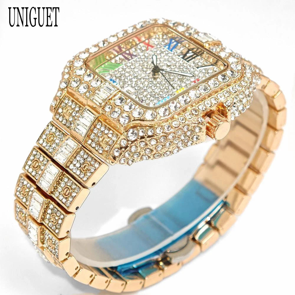 New Luxury UNIGUET Men's Fashion Diamond Watch Hip Hop Iced Bling Color Jewelry Square Quartz Wristwatches Stylish Men Accessory