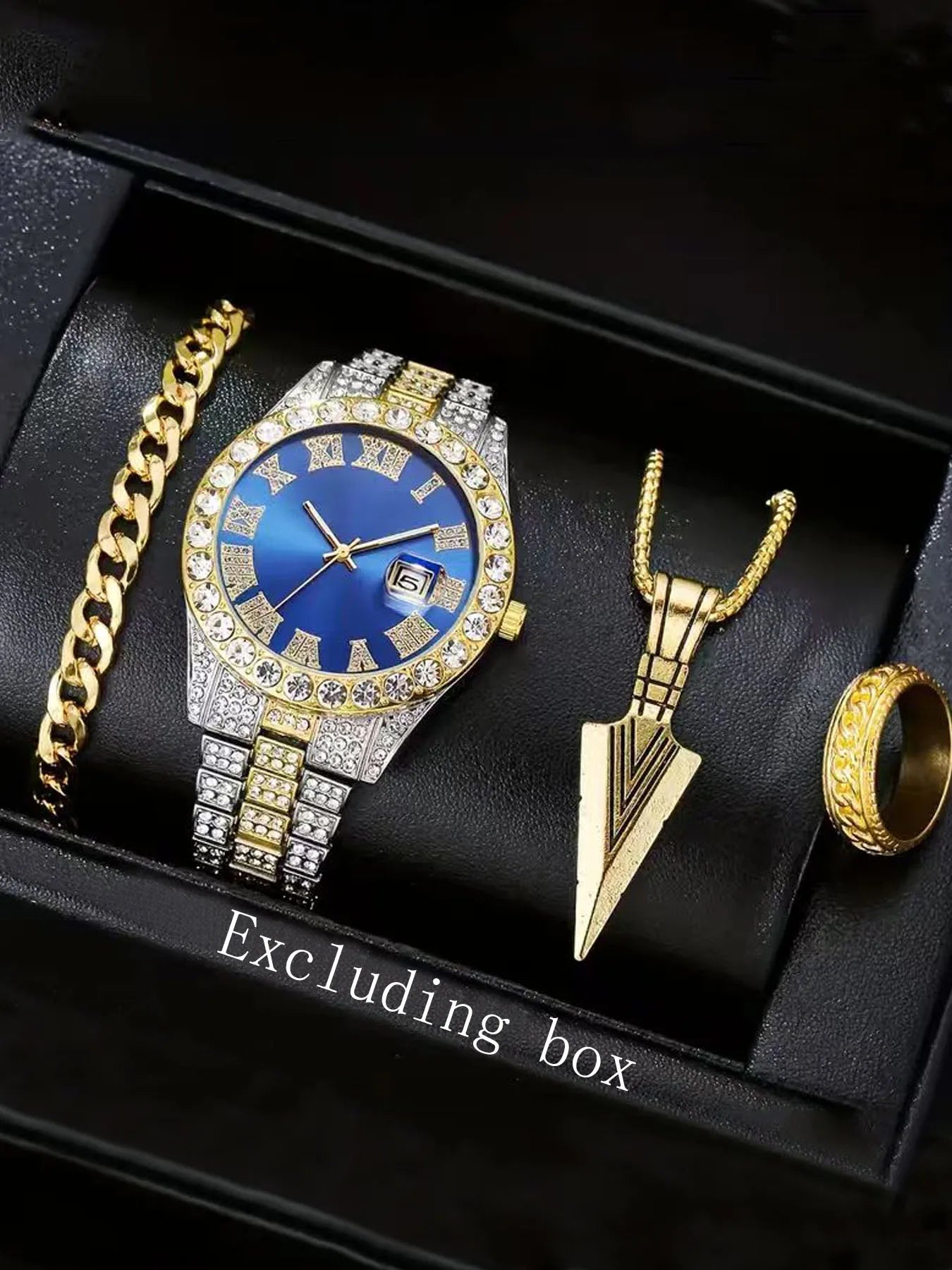 4-piece set European and American popular men's steel strap hip-hop Roman scale diamond inlaid calendar men's quartz watch