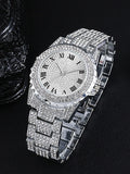 Star-studded stainless steel bracelet diamond-encrusted hip-hop men's watch with water crystal Roman numerals and date display