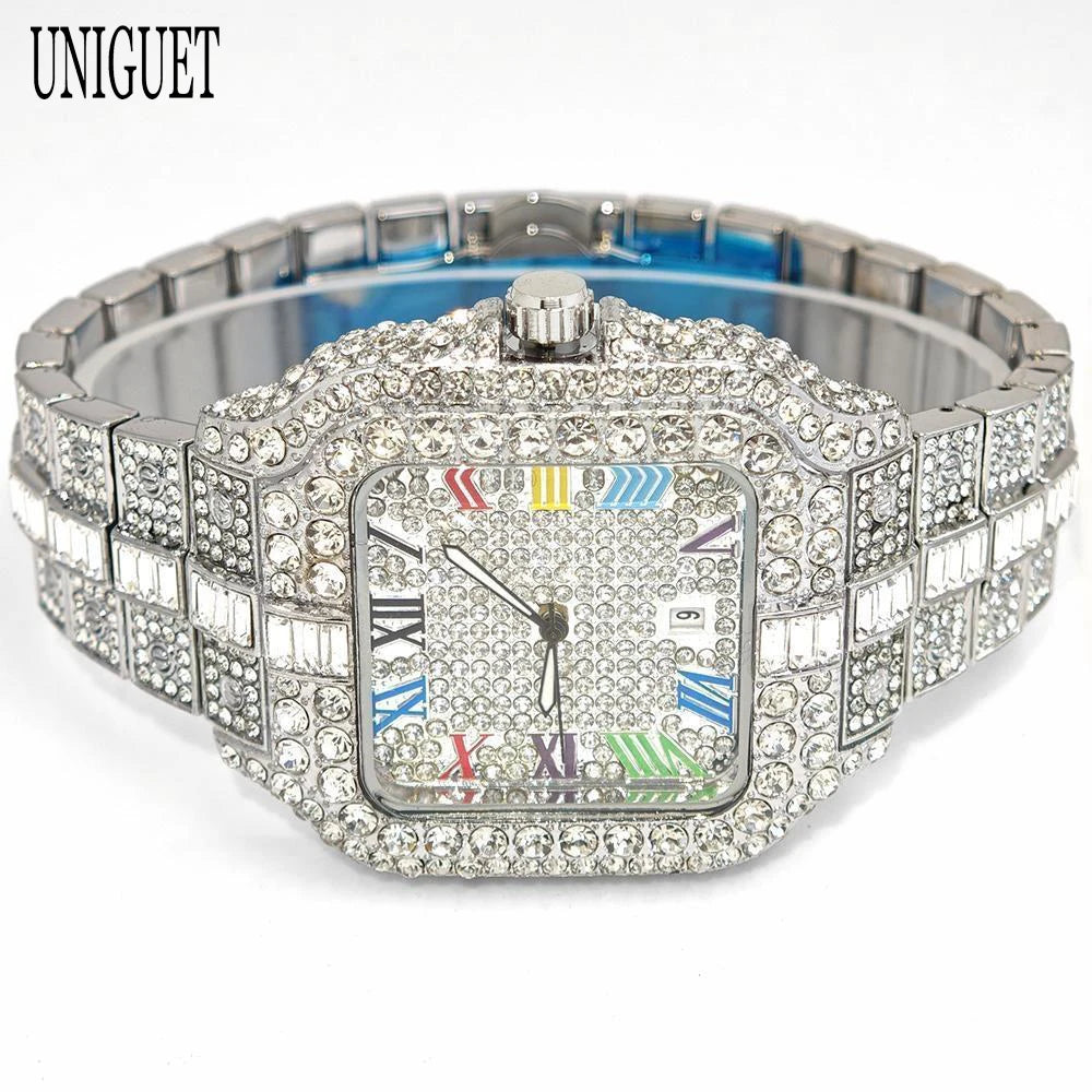 New Luxury UNIGUET Men's Fashion Diamond Watch Hip Hop Iced Bling Color Jewelry Square Quartz Wristwatches Stylish Men Accessory