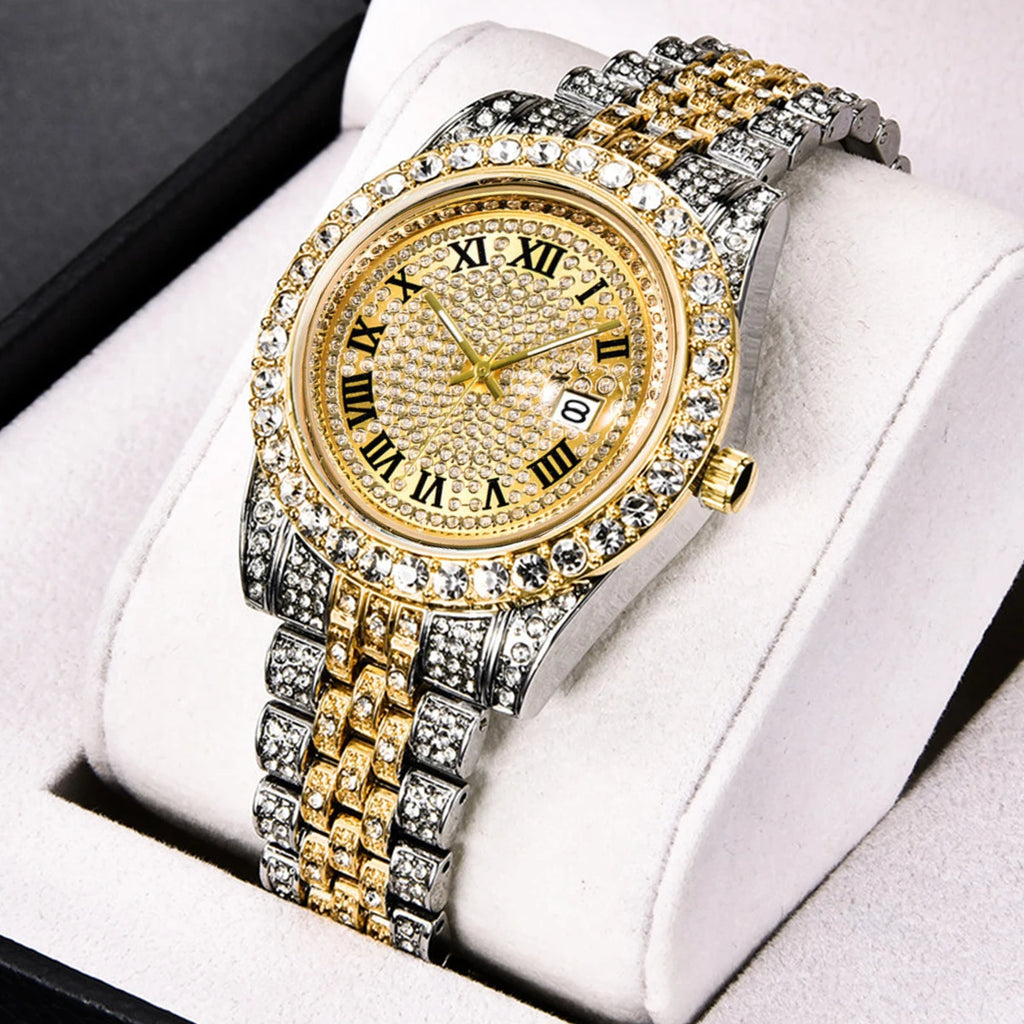 New Fashionable Full Diamond Men's Watch for Foreign Trade, Starry Sky Calendar, Quartz Interroom Gold Men's Steel Belt Watch