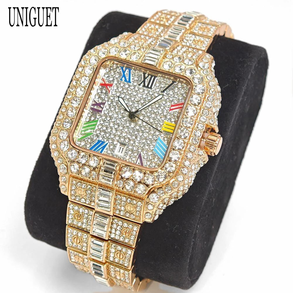 New Luxury UNIGUET Men's Fashion Diamond Watch Hip Hop Iced Bling Color Jewelry Square Quartz Wristwatches Stylish Men Accessory