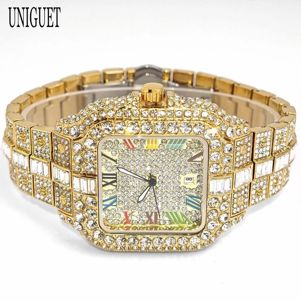 New Luxury UNIGUET Men's Fashion Diamond Watch Hip Hop Iced Bling Color Jewelry Square Quartz Wristwatches Stylish Men Accessory
