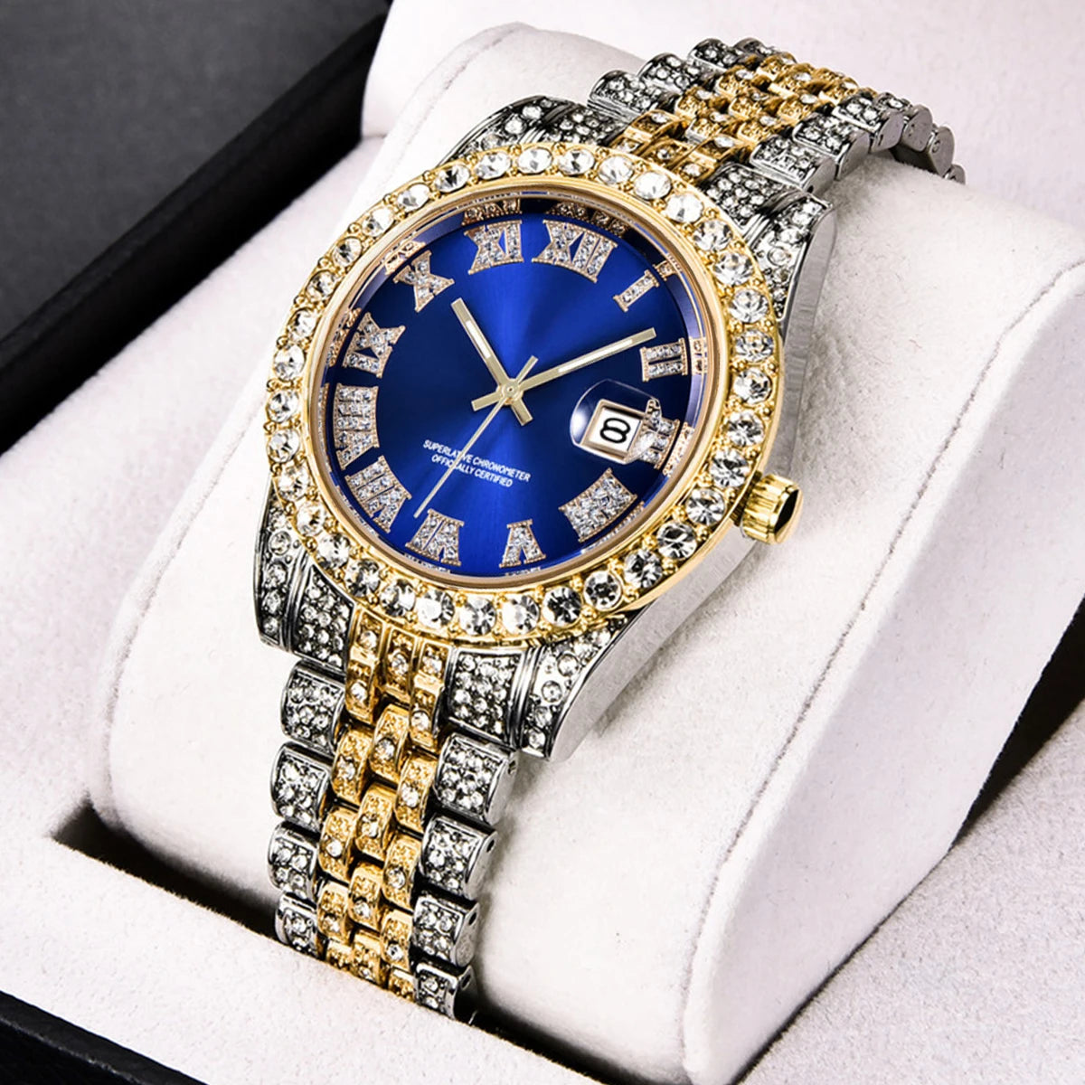 New Fashionable Full Diamond Men's Watch for Foreign Trade, Starry Sky Calendar, Quartz Interroom Gold Men's Steel Belt Watch