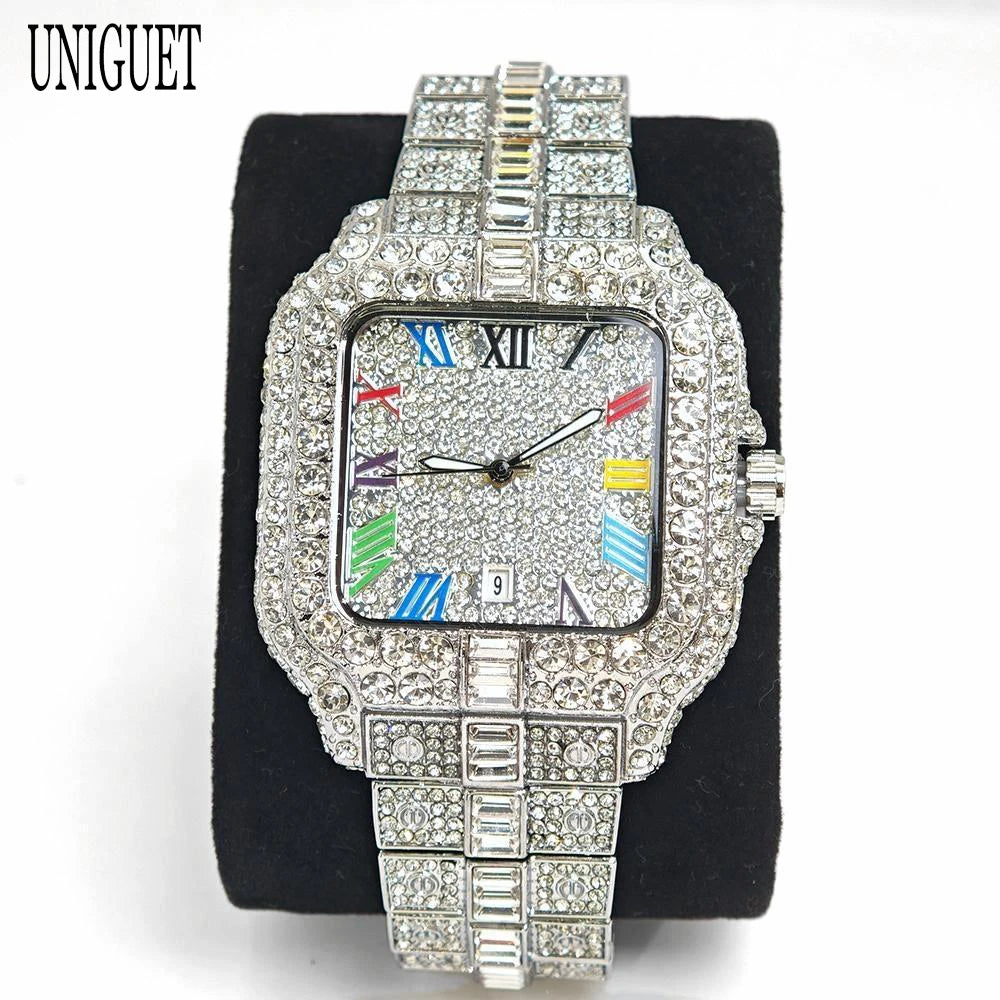 New Luxury UNIGUET Men's Fashion Diamond Watch Hip Hop Iced Bling Color Jewelry Square Quartz Wristwatches Stylish Men Accessory