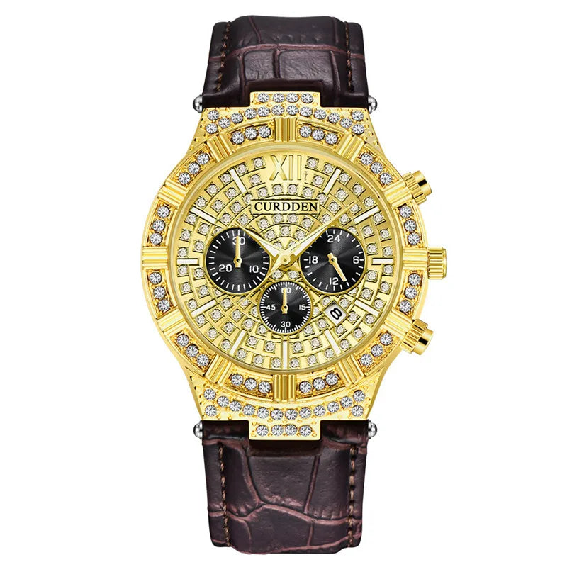 Men Genuine CURDDEN Brand Watches Fashion Casual Leather Band Hip Hop Diamond Gold Luxury Date Quartz Vintage Watch Reloj Hombre