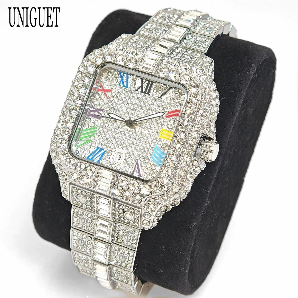 New Luxury UNIGUET Men's Fashion Diamond Watch Hip Hop Iced Bling Color Jewelry Square Quartz Wristwatches Stylish Men Accessory