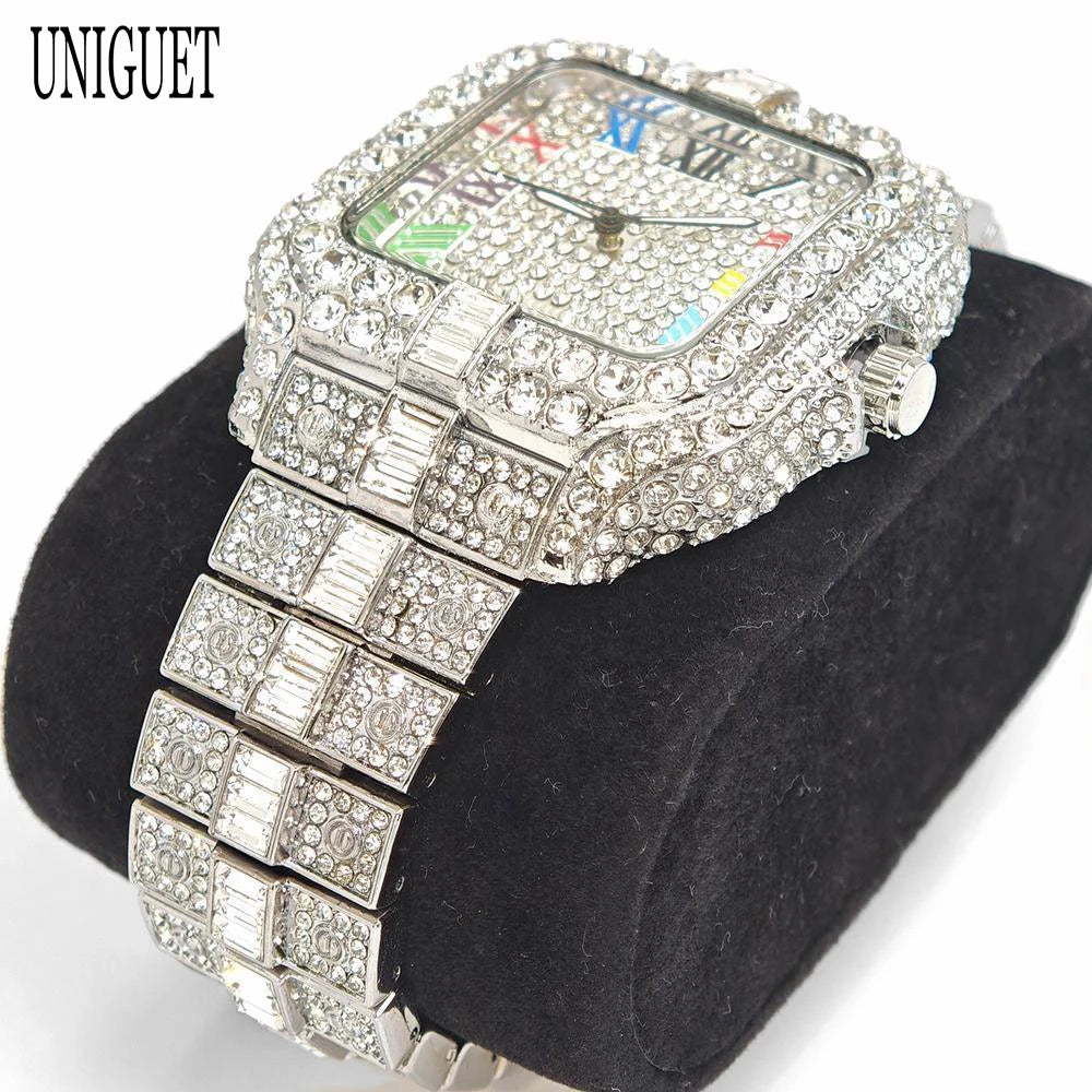 New Luxury UNIGUET Men's Fashion Diamond Watch Hip Hop Iced Bling Color Jewelry Square Quartz Wristwatches Stylish Men Accessory