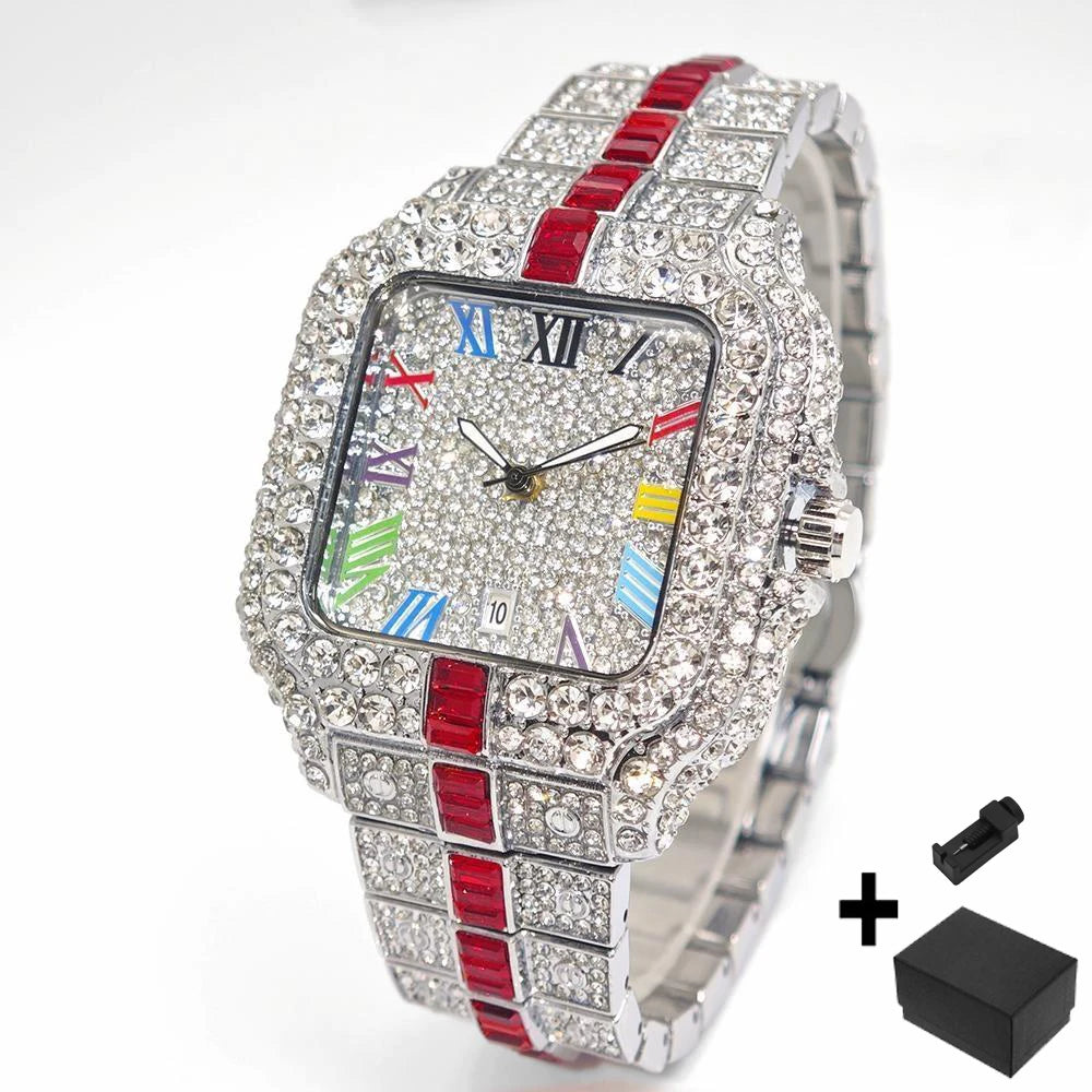 New Luxury UNIGUET Men's Fashion Diamond Watch Hip Hop Iced Bling Color Jewelry Square Quartz Wristwatches Stylish Men Accessory