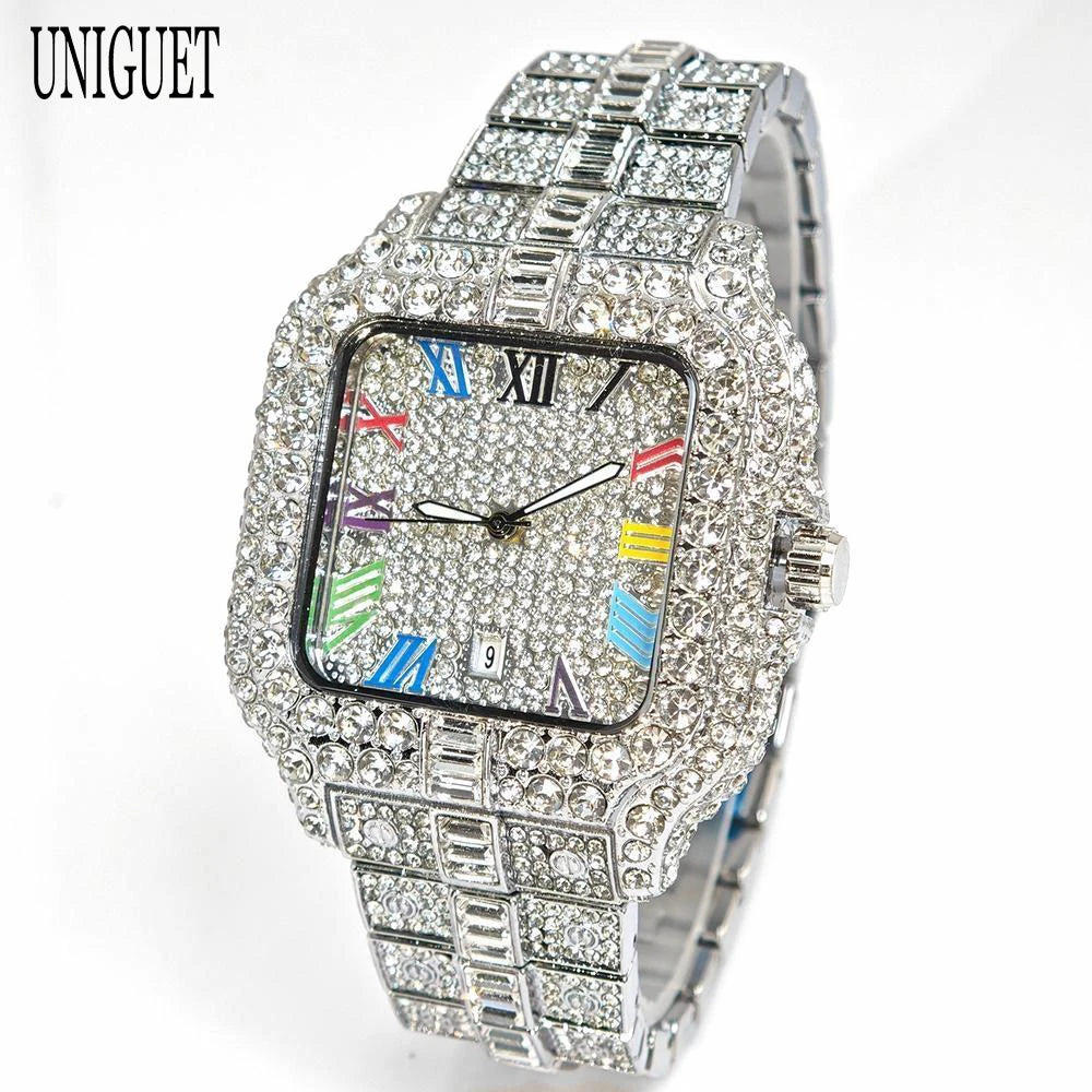 New Luxury UNIGUET Men's Fashion Diamond Watch Hip Hop Iced Bling Color Jewelry Square Quartz Wristwatches Stylish Men Accessory
