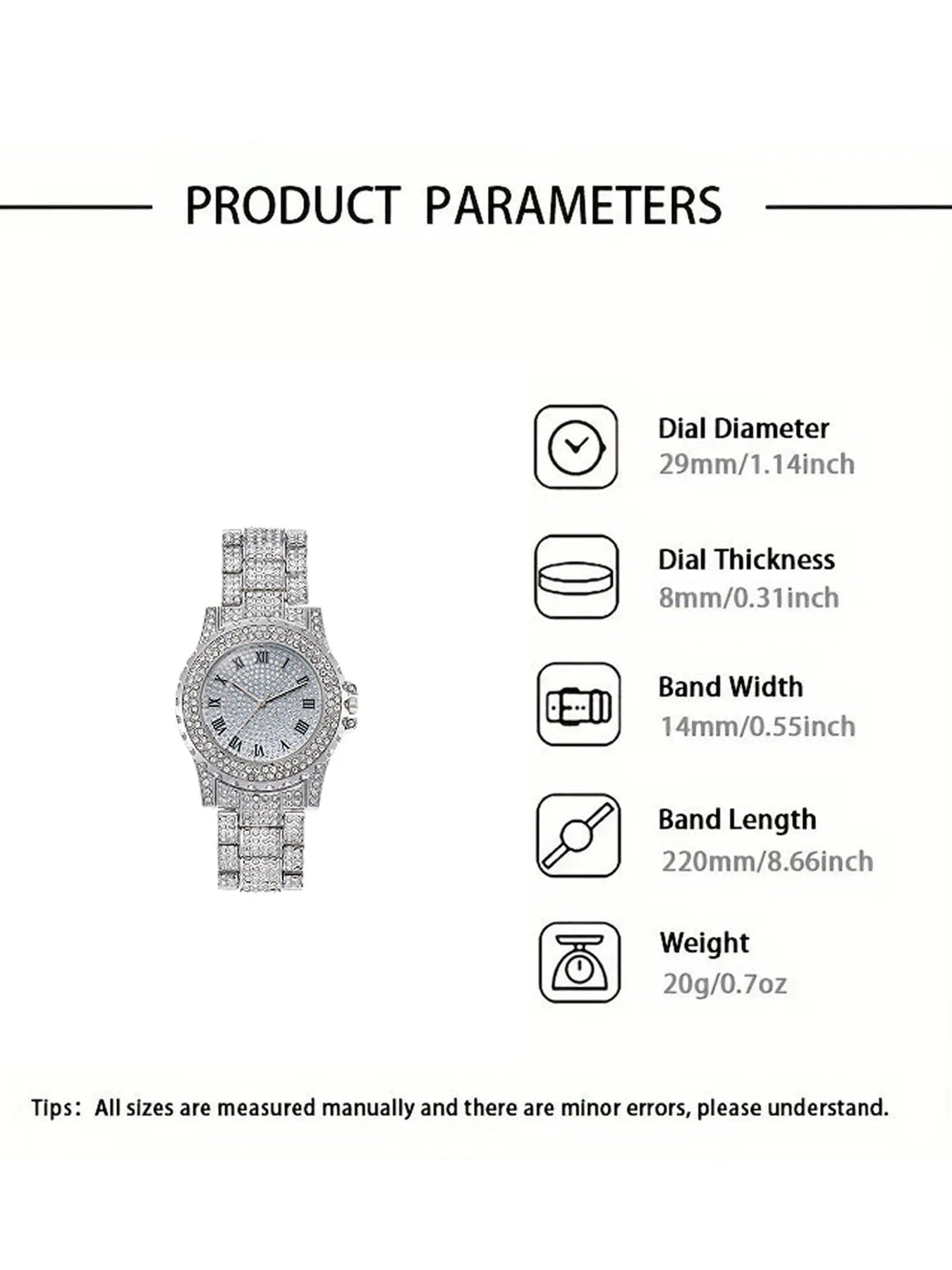 Star-studded stainless steel bracelet diamond-encrusted hip-hop men's watch with water crystal Roman numerals and date display