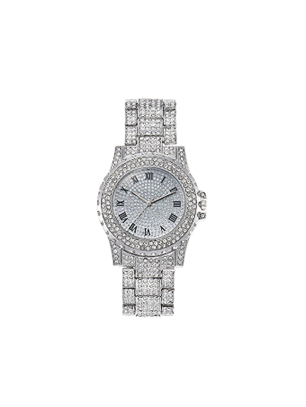 Star-studded stainless steel bracelet diamond-encrusted hip-hop men's watch with water crystal Roman numerals and date display