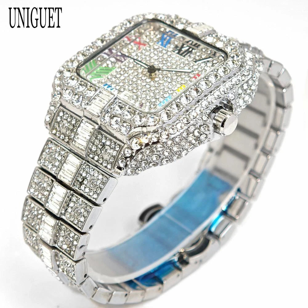 New Luxury UNIGUET Men's Fashion Diamond Watch Hip Hop Iced Bling Color Jewelry Square Quartz Wristwatches Stylish Men Accessory