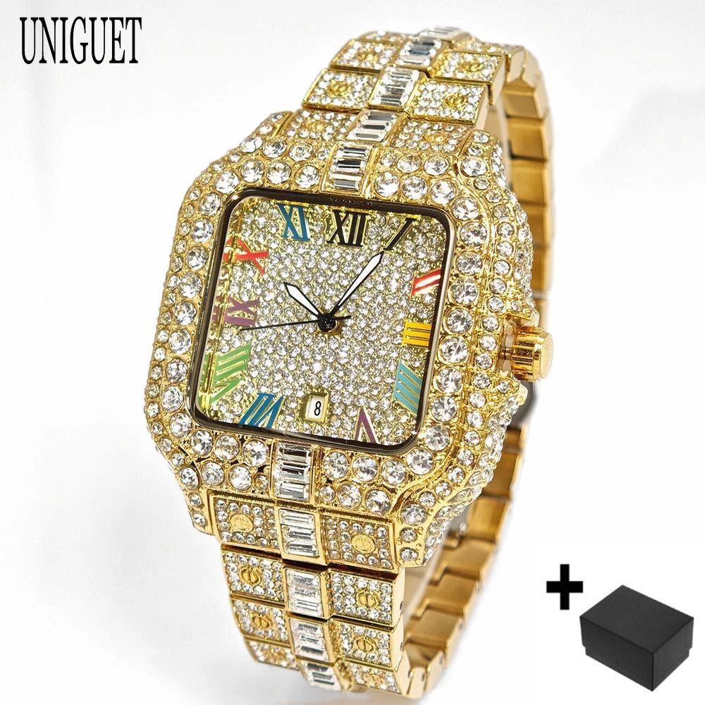 New Luxury UNIGUET Men's Fashion Diamond Watch Hip Hop Iced Bling Color Jewelry Square Quartz Wristwatches Stylish Men Accessory
