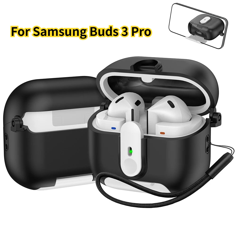 Security Lock Case For Samsung Galaxy Buds 3 Pro Buzz 3 Pro TPU Cover With Lanyard Phone Stand Shockproof Charging Box Coque