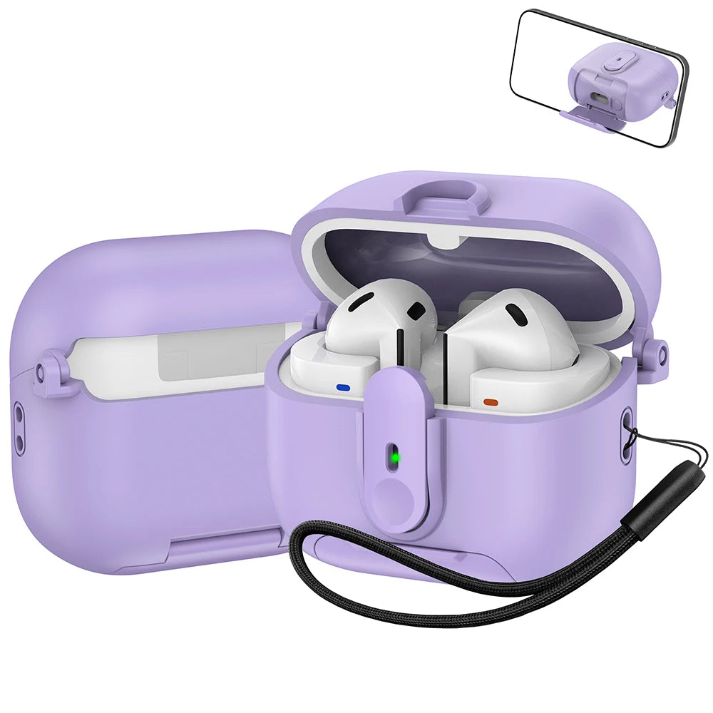 Security Lock Case For Samsung Galaxy Buds 3 Pro Buzz 3 Pro TPU Cover With Lanyard Phone Stand Shockproof Charging Box Coque