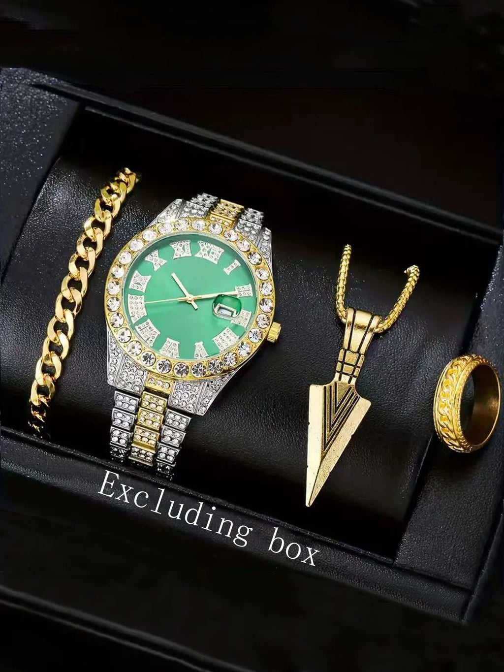 4-piece set European and American popular men's steel strap hip-hop Roman scale diamond inlaid calendar men's quartz watch