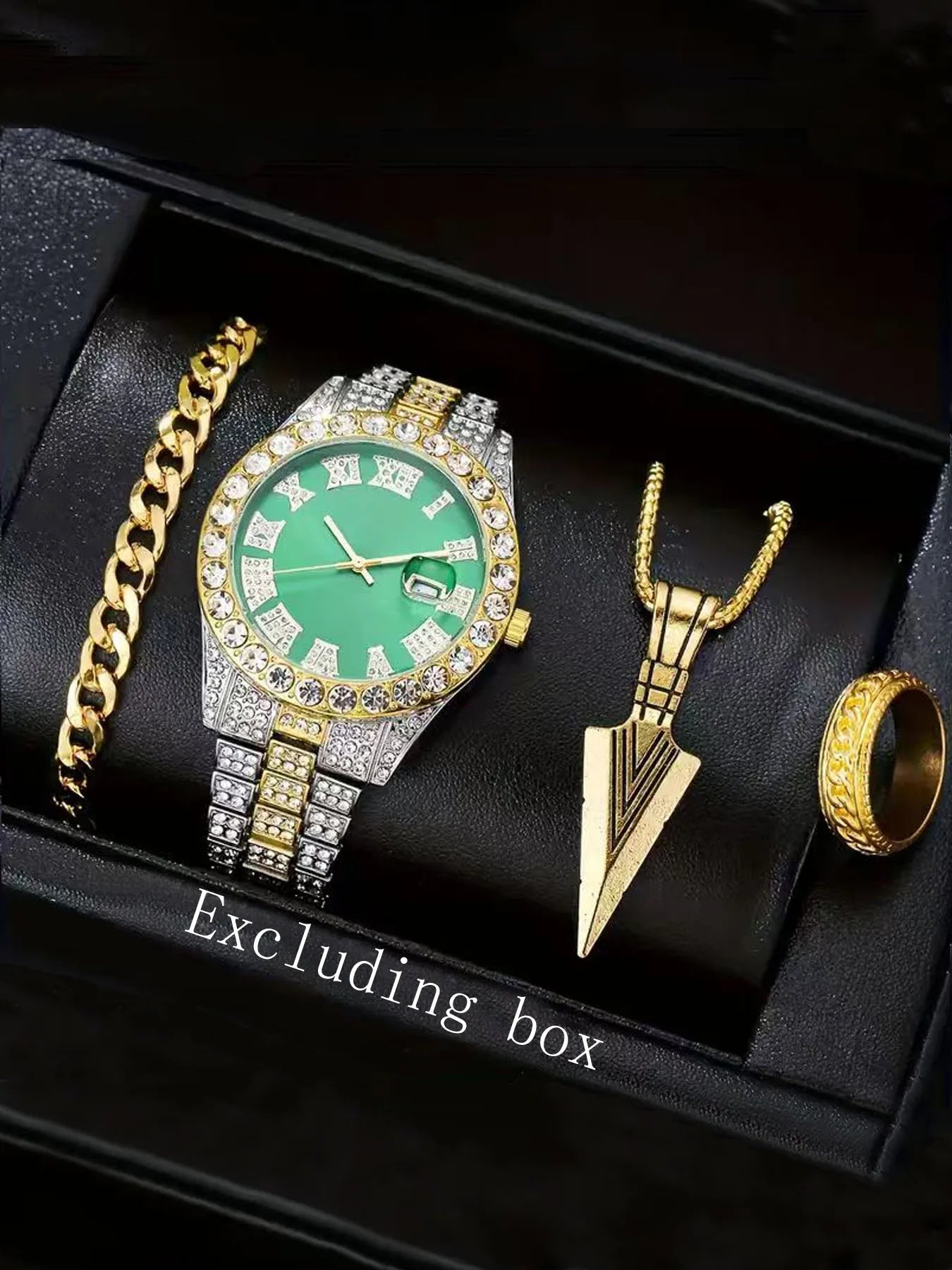 4-piece set European and American popular men's steel strap hip-hop Roman scale diamond inlaid calendar men's quartz watch