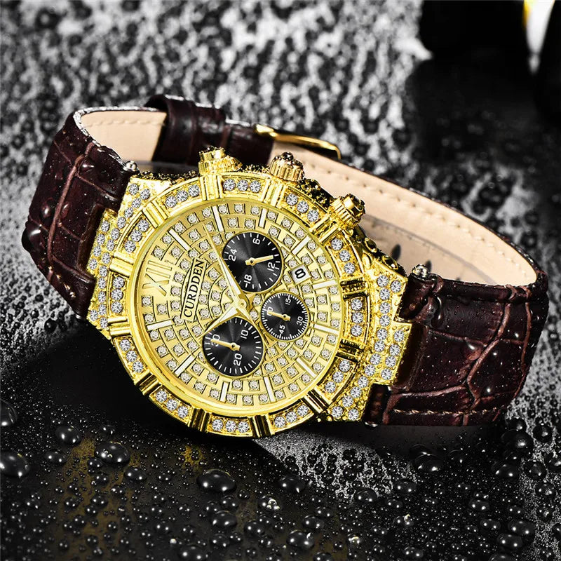 Men Genuine CURDDEN Brand Watches Fashion Casual Leather Band Hip Hop Diamond Gold Luxury Date Quartz Vintage Watch Reloj Hombre