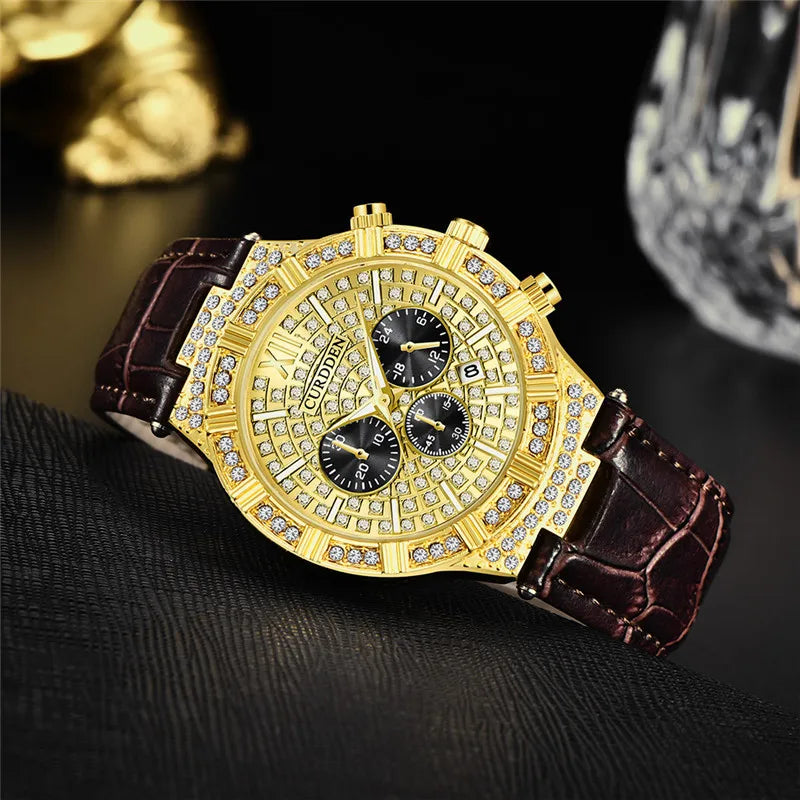 Men Genuine CURDDEN Brand Watches Fashion Casual Leather Band Hip Hop Diamond Gold Luxury Date Quartz Vintage Watch Reloj Hombre