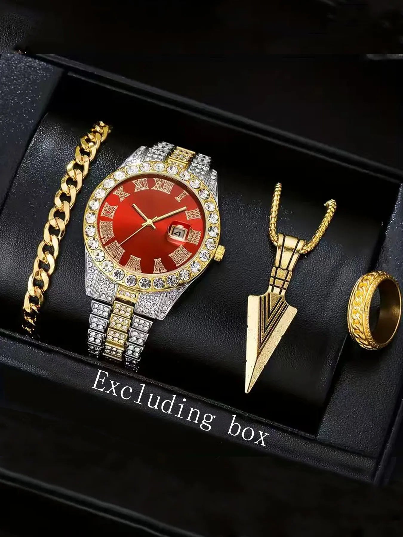 4-piece set European and American popular men's steel strap hip-hop Roman scale diamond inlaid calendar men's quartz watch