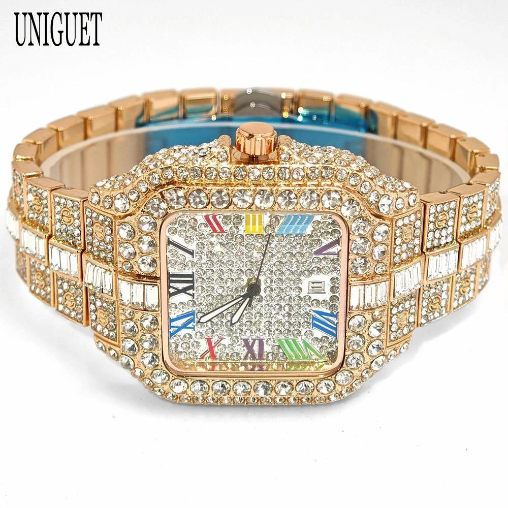 New Luxury UNIGUET Men's Fashion Diamond Watch Hip Hop Iced Bling Color Jewelry Square Quartz Wristwatches Stylish Men Accessory