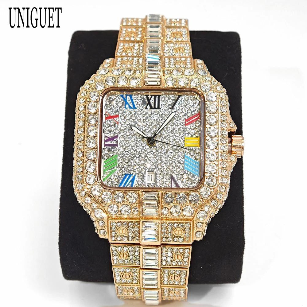 New Luxury UNIGUET Men's Fashion Diamond Watch Hip Hop Iced Bling Color Jewelry Square Quartz Wristwatches Stylish Men Accessory