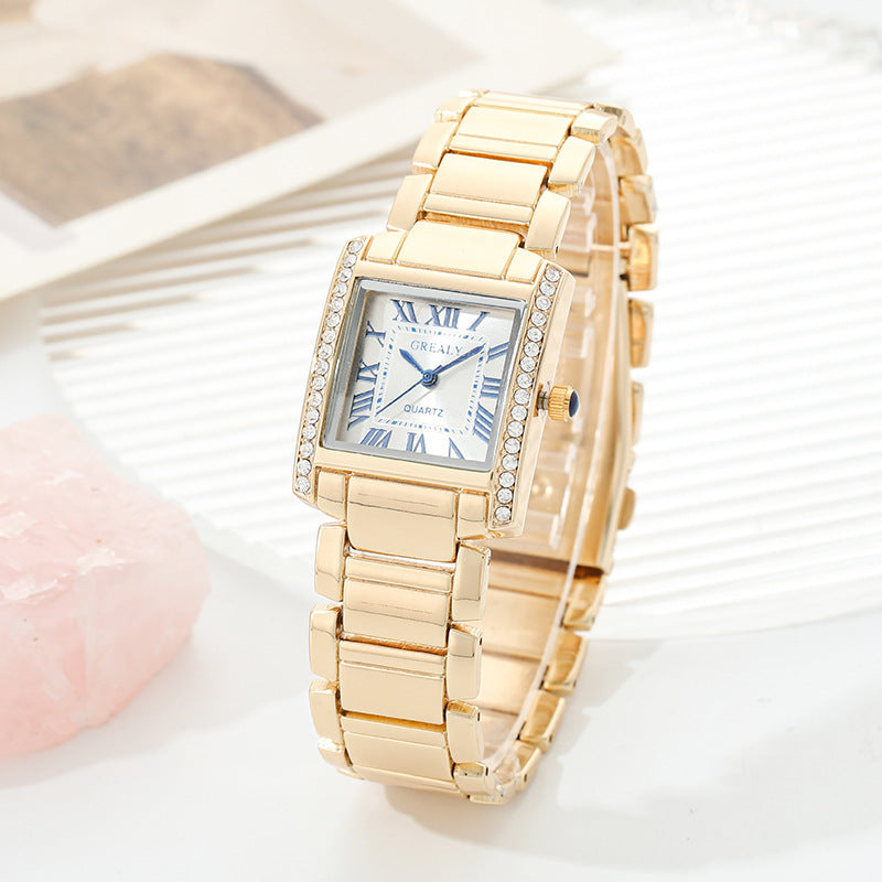 Fashionable Womens Watch Rectangular Timepiece With Roman Numerals And Diamond Accents