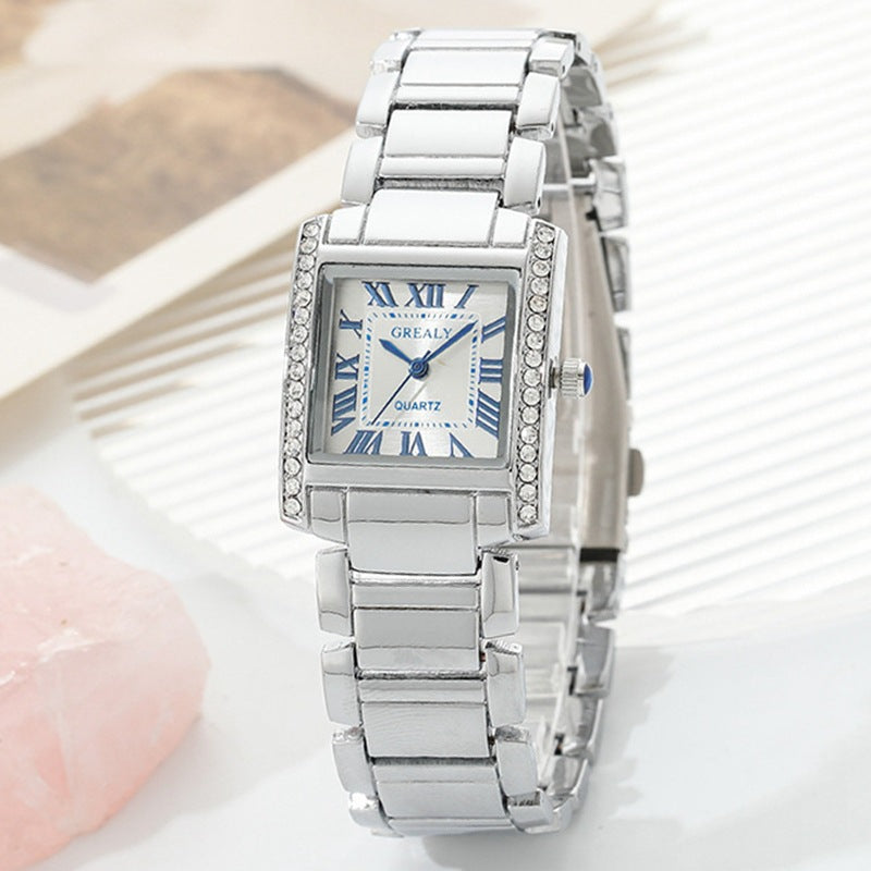 Fashionable Womens Watch Rectangular Timepiece With Roman Numerals And Diamond Accents